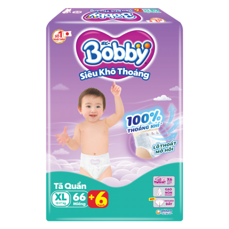 Tã quần Bobby size XL, 66 miếng + 6 miếng