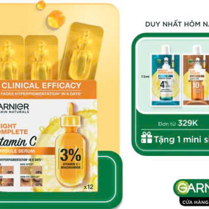 Dưỡng chất cô đặc làm mờ quầng thâm & thâm mụn Garnier Bright Complete VitaminC Ampoule Serum 1.5ml X 12